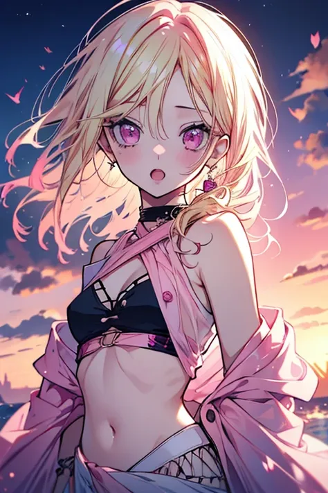 1 girl、Blonde、Pink mesh hair、Half Twin、Pink Eyes、one piece、Shoulder Bare、Belly button、Earrings、bracelet、カラフルなone piece、ing、Live Stage、sunset、Open Mouth、cute、ribbon、Long eyelashes、Appliqué、Beautiful Face