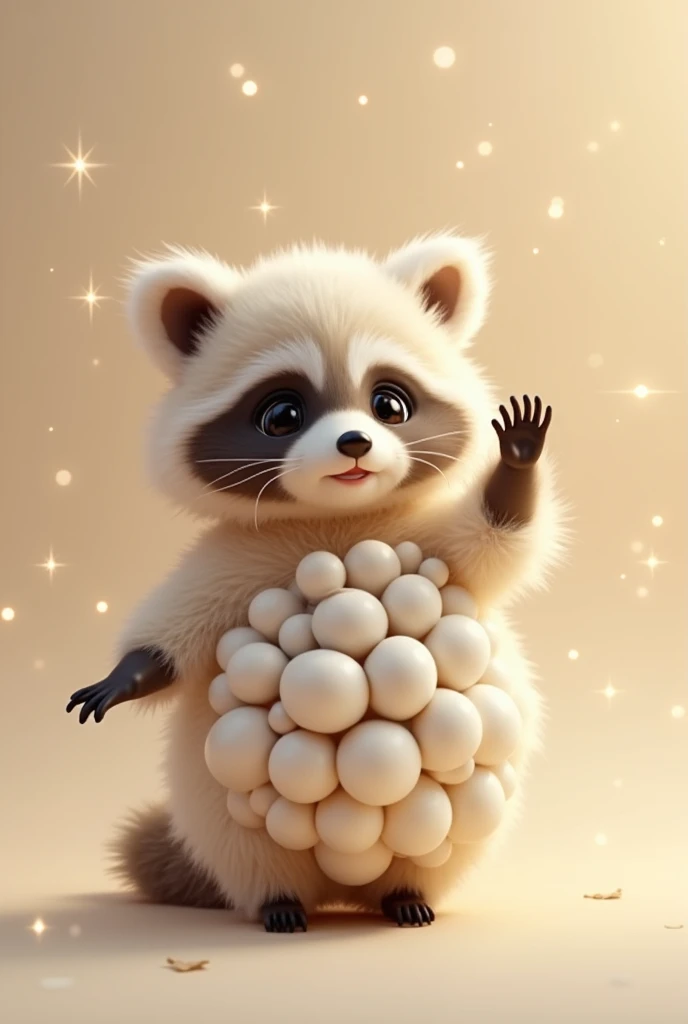 A photo of a cute, extra fluffy baby raccoon made of numerous interconnected spheres. The raccoon is poised in a graceful pose with its paw raised and fingers delicately curved. The spheres that make up the raccoons body have a reflective quality, mirrorin...