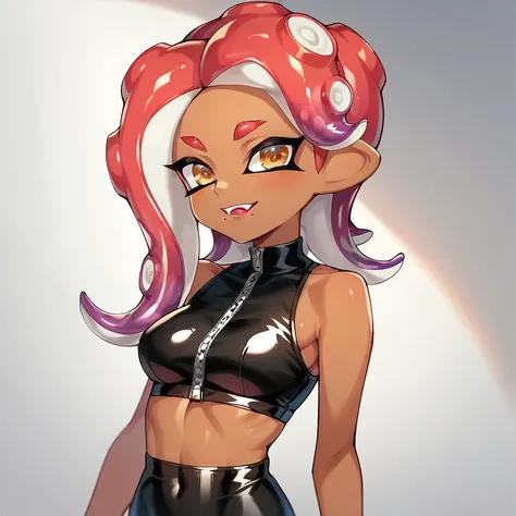 Masterpiece, Best Quality, splatoon, agent 8 (splatoon), latex clothes, crop top, medium breasts, symmetric hair, Anime Style,