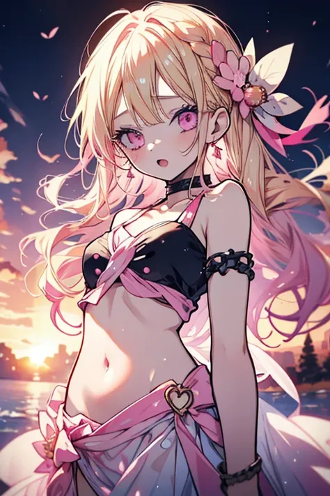 1 girl、Blonde、Pink mesh hair、Half Twin Tail、Pink Eyes、one piece、Shoulder Bare、Belly button、Earrings、bracelet、カラフルなone piece、ing、Live Stage、sunset、Open Mouth、cute、ribbon、Long eyelashes、Appliqué、Beautiful Face、mile