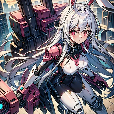 Hand Repair,Best Quality,detailed,masterpiece,8k,One girl,beautiful girl,wide shot,City Background,((Bunny ears,Animal ears)),White Hair,Long Hair,Hair covering ears,Highlight Eyes,Red eyes,Wearing black mechanical armor,Has a laser rifle,Facing forward