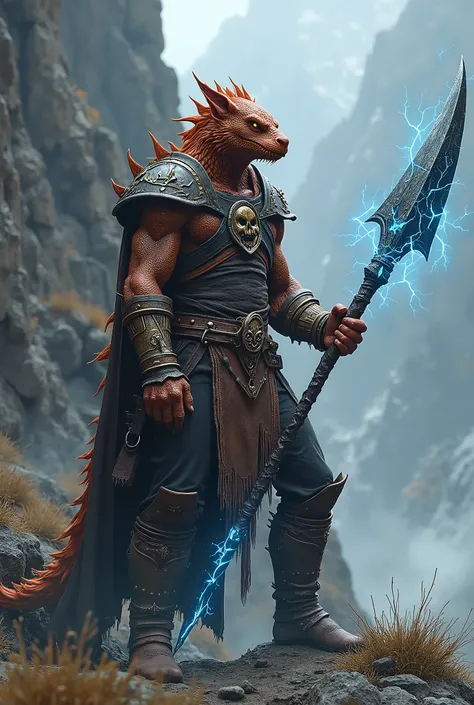 Un dragonborn sans queue, cicatrice a lœil gauche, peau écailleuse cuivre, yeux orange, tiens dans sa main une polearme(glaive). Larme est forgée à partir dun métal de météorite sombre, avec des motifs déclairs gravés sur sa surface. Le manche est renforcé...