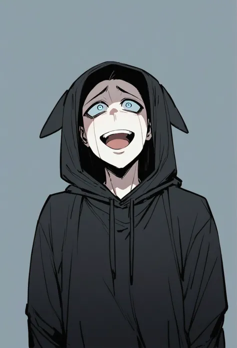 An anime man wearing a black hoodie with a light blue cross laughing like a psychopath looking up.