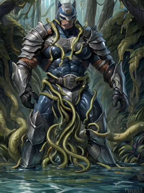 superhero, hero, strong and robust male, armor, tentacle entanglement, uniform, binding hands togethe, wet, slime, tentacles, sl...