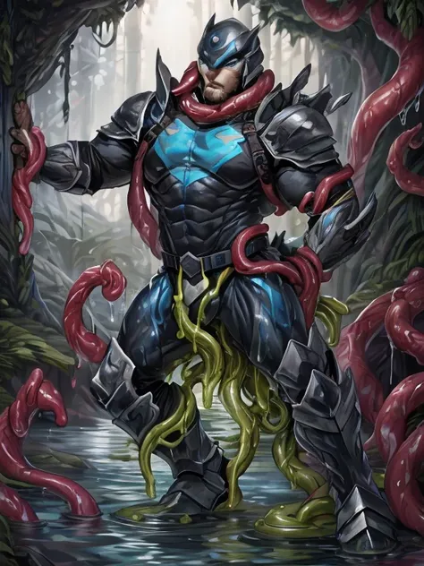 superhero, hero, strong and robust male, armor, tentacle entanglement, uniform, binding hands togethe, wet, slime, tentacles, sl...