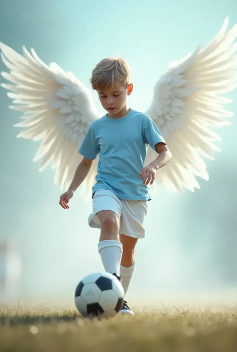 Boy in a light blue and white soccer uniform, with a ball under the foot, with an angelic background