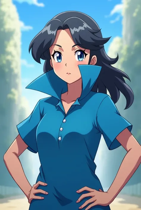 Anime Pokemon Trainer Princess, Lucina wearing a Blue Polo with a Massive Popped Collar Polo with a collar so high its taller than her head