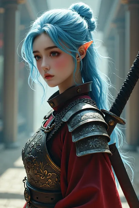 A beautiful light blue haired girl "a katana is hanged on her back", wearing chainmail "heavily ornated" dark red full body armor. intricate details, masterpiece, masterpiece, rembrandt lighting, ultra high res, intricate details, nature light, film grain,...