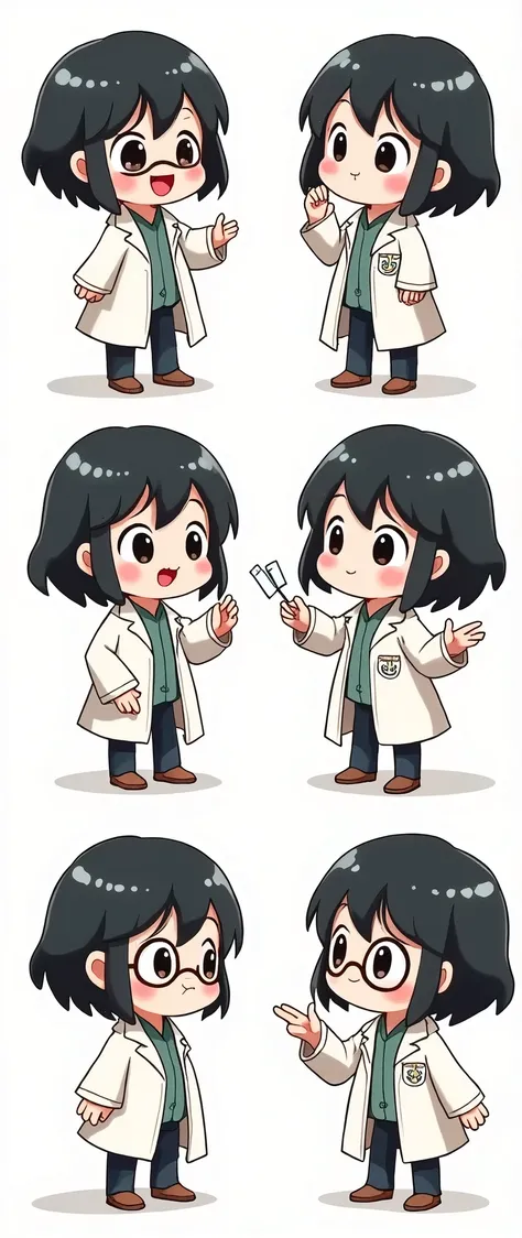 chibi style illustration magical doctor man with short hair,black hair. who wore glasses, and a lab coat, putting her hand into her pat, detailed character sheet, multiple poses, multiple angles line stamps, 6 divisions, funny , various poses and expressio...