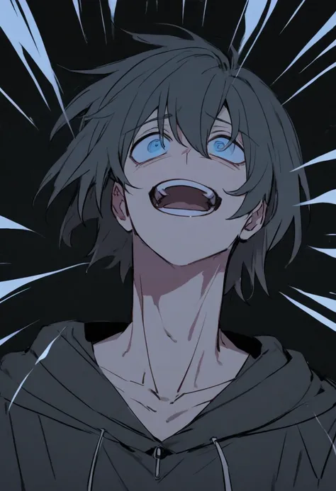 An anime man wearing a black hoodie with a light blue cross laughing like a psychopath looking up.