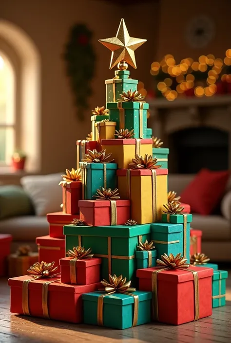 Christmas tree made from gift boxes, wrapped in bright colors and decorated with bows of different colors, at the top of the tree an ornate golden star