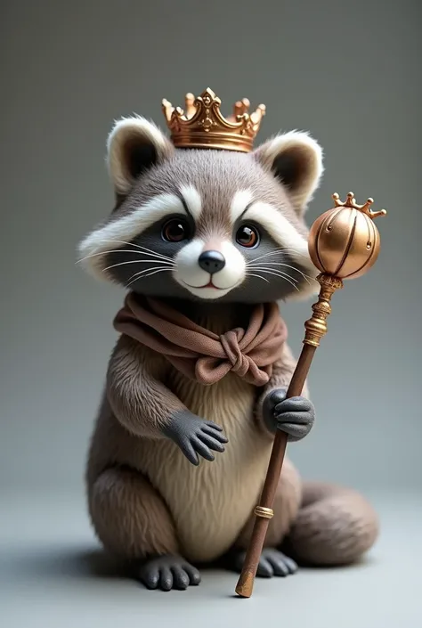 A captivating photograph of a cute, extra fluffy baby realistic raccoon made of porcelain with a copper patina. The racoon is holding a staff in one hand and wearing a crown on its head. The background is a gray gradient, transitioning from light gray abov...