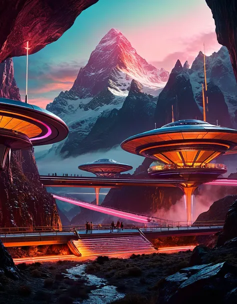 a futuristic mountain, elegant spaceship complex, fantastical landscape, film photography style, heavy grain, cinematic, dramatic lighting, glowing neon, sleek architecture, floating platforms, advanced technology, stunning vista, mesmerizing details, cutt...