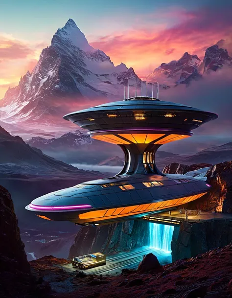 a futuristic mountain, elegant spaceship complex, fantastical landscape, film photography style, heavy grain, cinematic, dramatic lighting, glowing neon, sleek architecture, floating platforms, advanced technology, stunning vista, mesmerizing details, cutt...