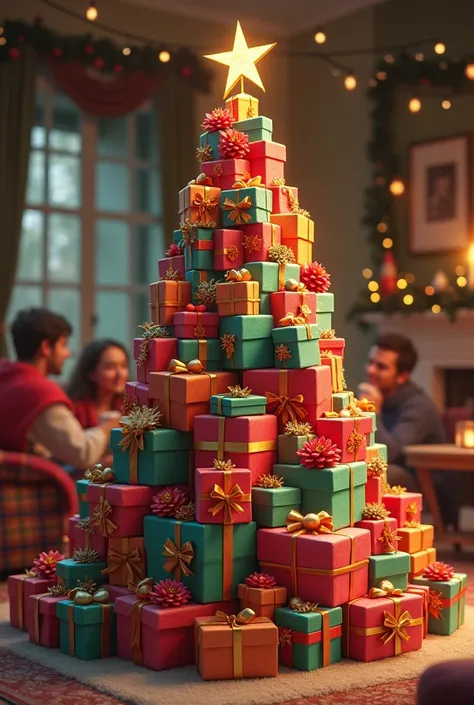 Christmas tree made from gift boxes, wrapped in bright colors and decorated with bows of different colors, at the top of the tree an ornate golden star, placed in a living room with subtle Christmas decorations and people drinking hot chocolate in the back...