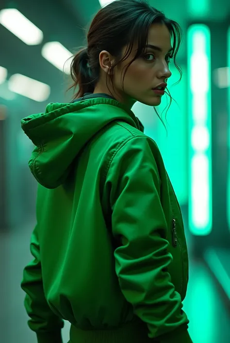 a woman in a green jacket and black leggings posing for a picture, jacket, back view also, wearing jacket, green colored bomber jacket, back view, cyber future jacket, short jacket, close-up shot from behind, bomber jacket, 2 women techwear, hooded, sports...