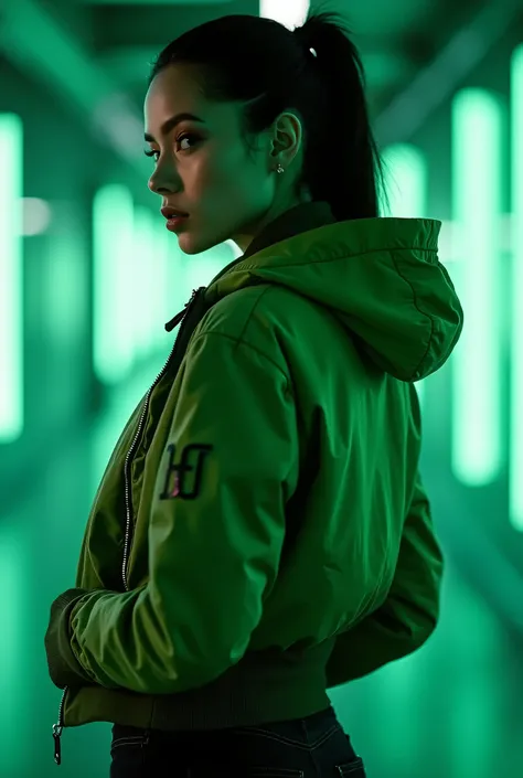 a woman in a green jacket and black leggings posing for a picture, jacket, back view also, wearing jacket, green colored bomber jacket, back view, cyber future jacket, short jacket, close-up shot from behind, bomber jacket, 2 women techwear, hooded, sports...