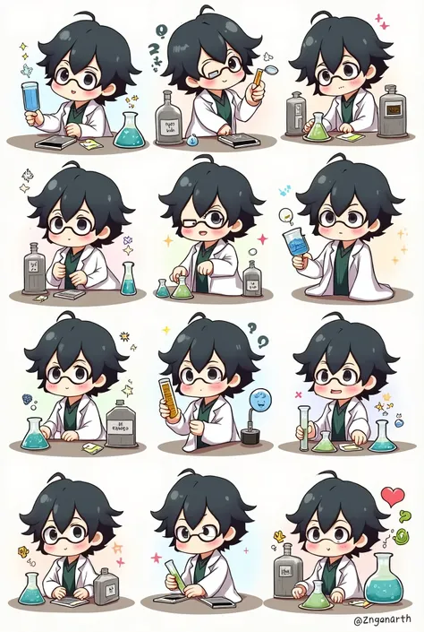 chibi style illustration magical doctor man with short hair,black hair. who wore glasses, and a lab coat, putting her hand into her hospital lab, detailed character sheet, multiple poses, multiple angles line stamps, 12 divisions, funny , various poses and...