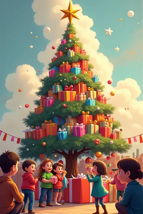 Christmas tree made from gift boxes, wrapped in bright colors and decorated with bows of different colors, at the top of the tree an ornate golden star, with people around giving gifts to little children