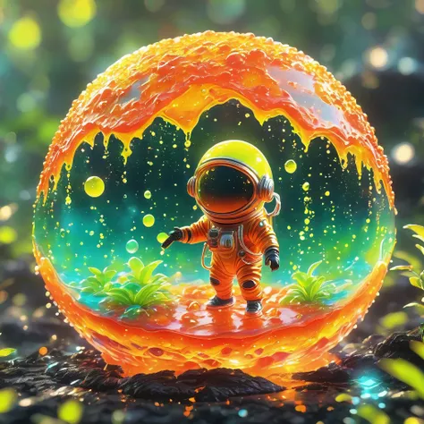 best quality, very good, 1.60,000, ridiculous, extremely detailed, cute slime astronaut，made of transparent boiling lava, alien ...