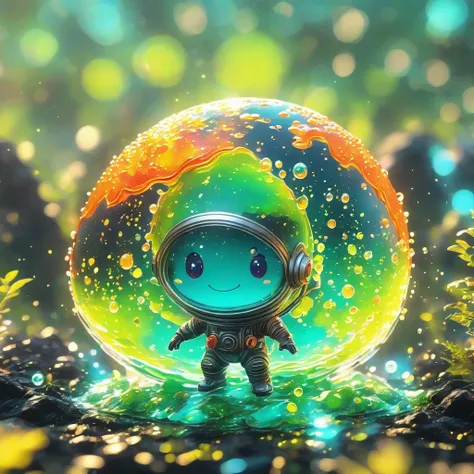 best quality, very good, 1.60,000, ridiculous, extremely detailed, cute slime astronaut，made of transparent boiling lava, alien ...