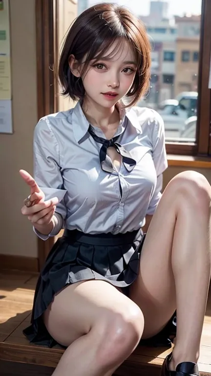 ((Best Quality)), ((masterpiece)), (detailed:1.4),(Highest quality realistic textured skin), ((Schoolの制服, Pleated skirt:1.3)), (is staring at me), (School, classroom),((Short Hair)),(Large Breasts),((非常にdetailedな顔:1.3)),(detailedな目:1.2),Sensual smile and g...