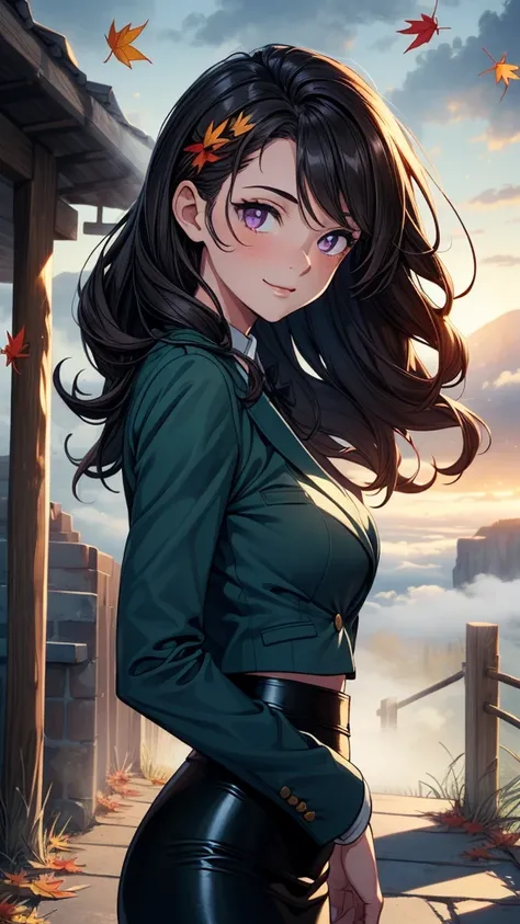 ((((masterpiece, best quality:1.8, high detail)))), (1girl), beautiful woman posing, bright (purple eyes), large breasts, confident, wide-eyed, smile, solo focus, long (wavy hair), (dark brown hair), (hairpin), ((green blazer)), tie, (black midi pencil ((s...