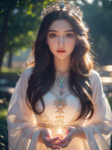 a gorgeous princess, elegant detailed face, beautiful detailed eyes, beautiful detailed lips, long eyelashes, delicate features, flowing hair, intricate crown, beautiful detailed dress, detailed jewelry, ethereal fantasy landscape, magical glowing lights, ...