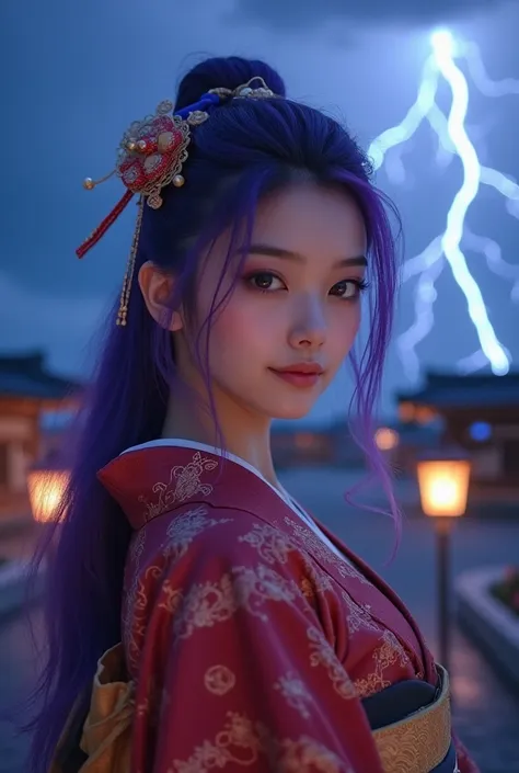 highest quality, masterpiece, high-detail, Reflects light realistically, 1 girl, Upper body, wearing kimono, Big breasts, perfect face, Clear eyes, long-haired, purple hair, Hair Decoration, sky of lightning, night sky, Ancient building in the background, ...