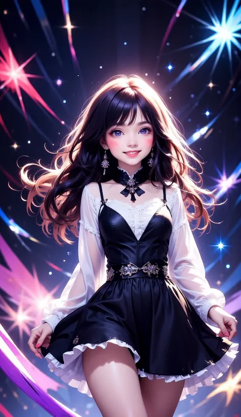 an anime-inspired cute gothic girl under a vibrant, starry night sky. her long black hair with silver streaks flows gently, and ...