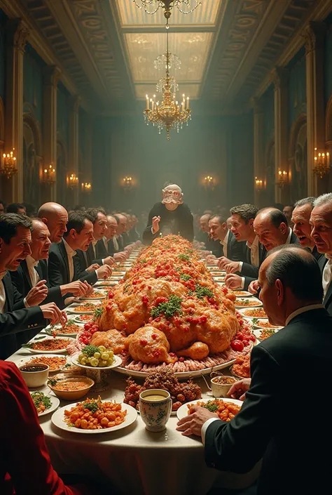 Grande table de banquet avec beaucoup de nourriture dessus. À tel point que ça à lair écœurant. Autour de la table, il y a des gens  qui sempiffrent tellement que cest dégoûtant et écœurant, Réaliste