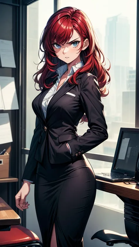 ((((masterpiece, best quality:1.8, high detail)))), (1girl), beautiful angry business woman, solo focus, long wavy hair, red hair, (black blazer), (black midi pencil skirt), ((long skirt)), wide hips, office interior, ((realistic)), ((realism)), ((ultra de...