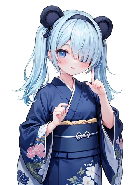 masterpiece, Best Quality, Very detailed, 16k, Ultra-high resolution, Cowboy Shot, Detailed face, smile, Perfect Fingers, One Girl, blue eyes, Light blue hair, Twin tails, (hair over one eye:1.4), Bear ears headband, color kimono, Navy blue kimono, No back...