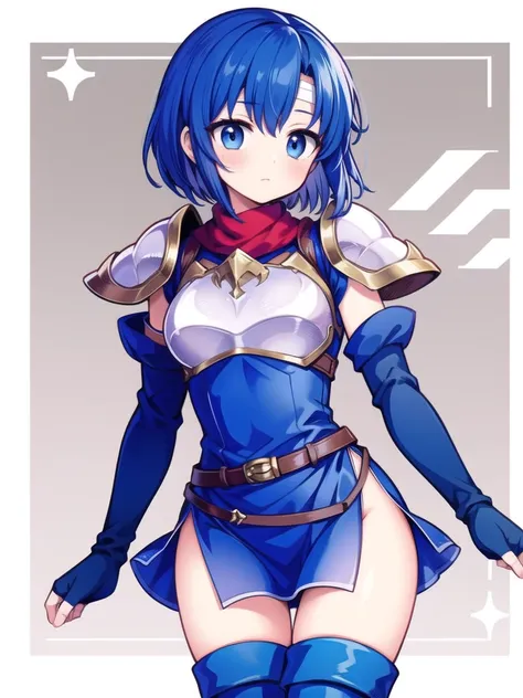 1girl, masterpiece, best quality, perfect hands, blue hair, short hair, catria, short dress, blue elbow gloves, belt, blue finge...