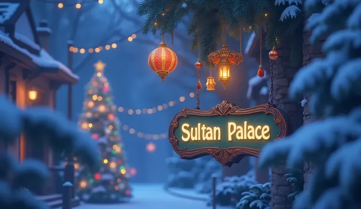 Against the backdrop of New Year&#39;s decorations, make the inscription &quot;SULTAN PALACE restaurant&quot;