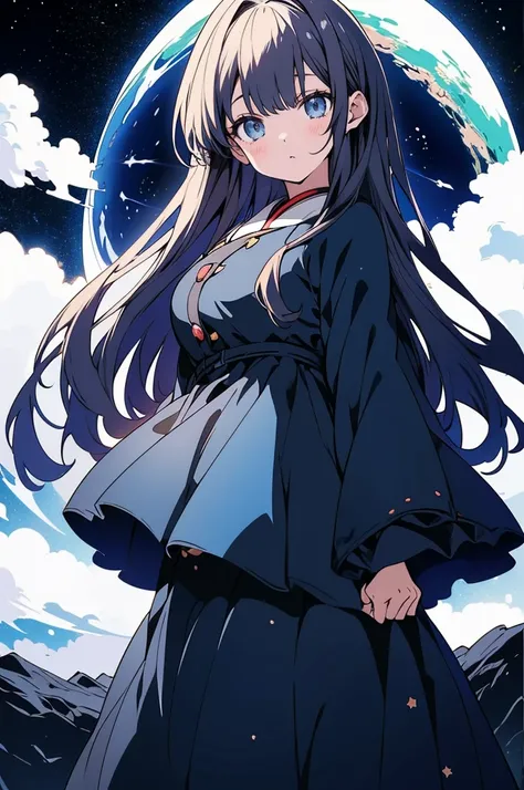 anime、High image quality、High resolution、Woman standing on the moon、Long Hair、Beautiful Eyes、Dark blue mid-length dress、(((You can see the big Earth behind you)))、crater、universe、Standing sideways、The view from afar、