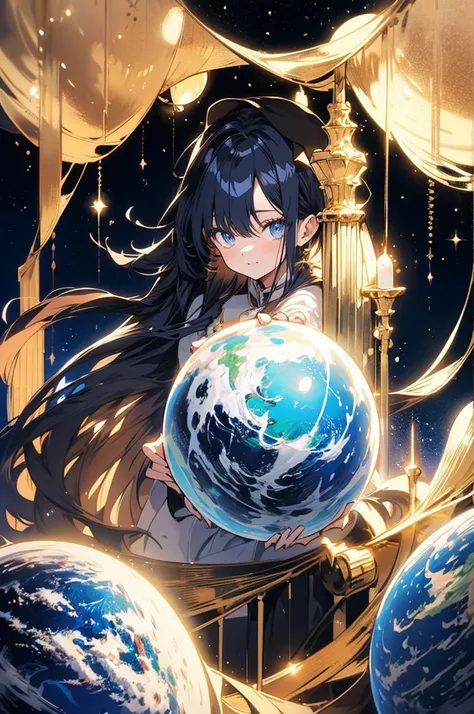 anime、High image quality、High resolution、Woman standing on the moon、Long Hair、Beautiful Eyes、Dark blue mid-length dress、(((You can see the big Earth behind you)))、crater、universe、Standing sideways、The view from afar、