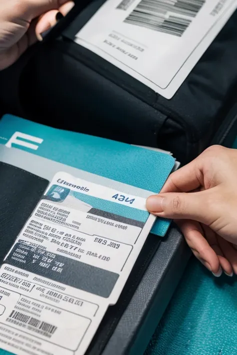 a hand holding an airline ticket against a neutral background