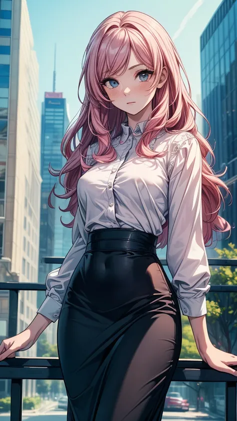 ((((masterpiece, best quality:1.8, high detail)))), beautiful woman, solo focus, long wavy hair, pink hair, (blouse), (black midi pencil skirt), ((long skirt)), wide hips, office building, ((realistic)), ((realism)), ((ultra detailed))