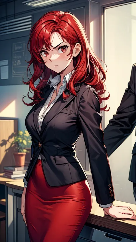 ((((masterpiece, best quality:1.8, high detail)))), (1girl), beautiful angry business woman, solo focus, long wavy hair, red hair, (black blazer), (red midi pencil skirt), ((long red skirt)), wide hips, office interior, ((realistic)), ((realism)), ((ultra ...