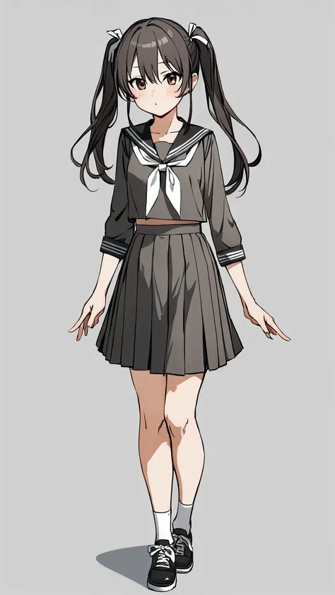 High resolution, 8k, best quality, masterpiece, ultra detailed, anatomically correct, masterpice anime, hentai, game,
1girl, standing, 15yo,
(black hair), (white ribbons long low tiwntails:1.5), dark brown eyes,
BRAKE 
(darkgray serafuku:1.5), (darkgray bl...