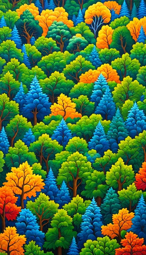 a close up of a painting of a forest with trees, detailed forest, fractal forest, forest colors, happy colors. rob gonsalves, ul...