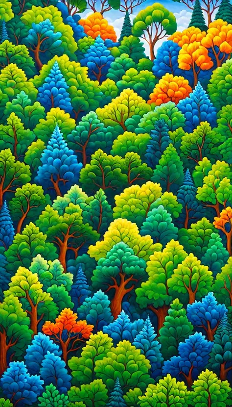 a close up of a painting of a forest with trees, detailed forest, fractal forest, forest colors, happy colors. rob gonsalves, ultra detailed trees, detailed trees, jane newland, trees with lots of leaves, painting of a forest, laurent durieux, very detaile...