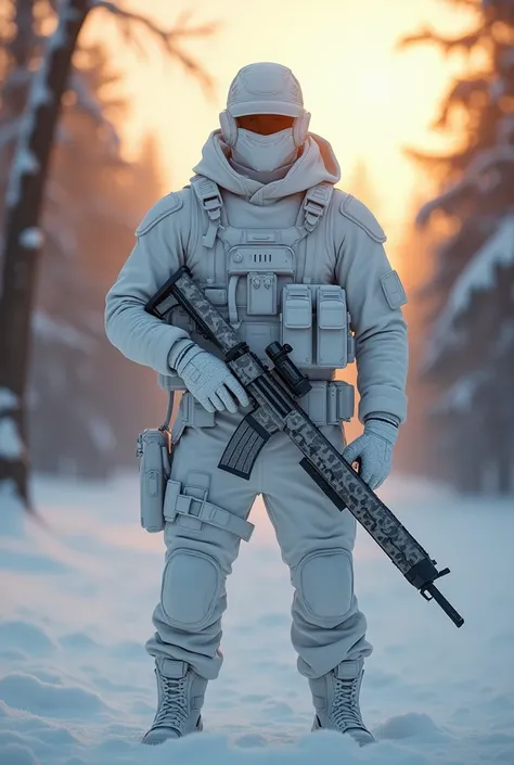 A man in a white tactical uniform , in the forest , sunrise, sexy, manly, He carries a long weapon in white camouflage and a white balaclava., winter 
 

