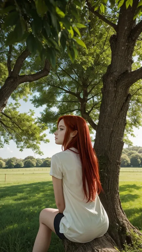 A girl with red hair sits in the shade of a tree and looks at a green field. The girl sits with her back to the viewer