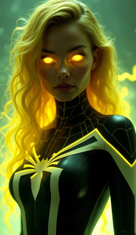 Create an image of realistic sexy close up face Spider girl with her characteristic black and white suit but this time with long yellow thunder lighting curly hair, her eyes glowing yellow thunder, background  is green creepy fogg with yellow thunder light...