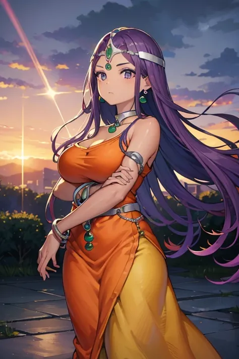 High resolution、masterpiece、One Girl、DQ Minea, Purple Hair、Circlet, Earrings, Choker, bracelet, Orange dress、In a violent storm、Wind gusts、Shoots curved blades of light from his hands、Light green magic circle、Big tornado、Countless curved blades of light、Th...