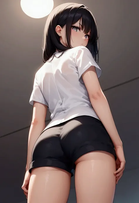  black haired, serious white eyes, big white blouse, black short shorts (( anime)) (pose:  looking back, low angle, from bottom to top) (dynamic angle) (highlight in the lower parts)