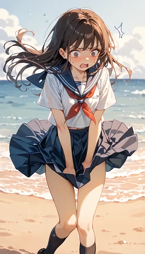 1 girl, beach side, very windy, wind lift skirt, tug skirt, slim thighs, blushing, surprised, annoyed, small breasts, slim, slender, Cute short-sleeved sailor uniform, Pleated mini skirt, Sailor collar, Sailor scarf, socks, Brown Loafers,, panty, 