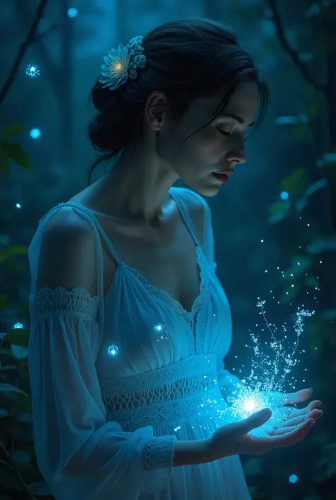 The inner soul  of a women dreams  bioluminescent, night scene, 